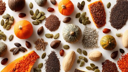 Carefully arranged on a clean white surface, flax, sesame, and pumpkin seeds create a colorful and nutritious mosaic full of organic charm.
