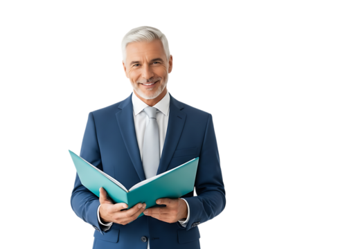 Mature businessman in a suit holding a folder with documents in a corporate setting with a smile isolated on transparent background