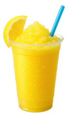 Bright yellow lemonade slush in a plastic cup with a lemon wedge and a blue straw.