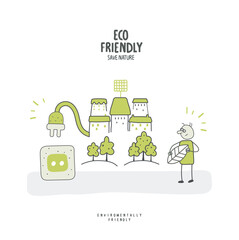 Vector cartoon sketch of Volunteers work to create green energy projects for eco city. Alternative energy and natural resource conservation.	