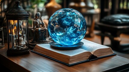 Illuminated globe resting atop an open book.
