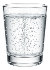 Small glass of sparkling water with visible effervescent bubbles rising to the surface