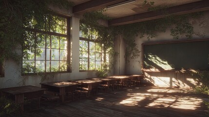 An abandoned classroom bathed in sunlight shows vines creeping through broken windows, blending decay with nature’s quiet reclaiming.
