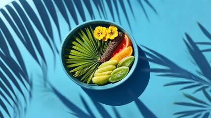 Vibrant tropical fruit arrangement with floral accents on bright blue background - Powered by Adobe
