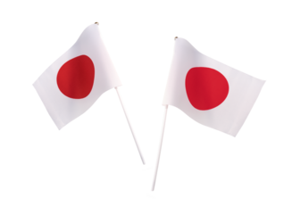 Small mini Japanese flag with real rough fabric details and pole stick for hand held isolated on transparent background or png file.