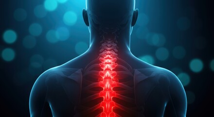 Detailed human spine anatomy visualization showing inflammation and back pain for medical science and health illustrations