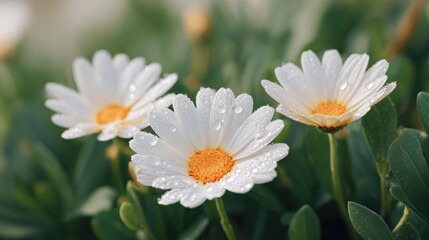 Obraz premium Freshly bloomed daisies with morning dew glistening under sunlight in a peaceful garden setting.