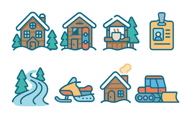Winter Resort Icons. Flat vector mini-illustrations Winter sports resort in colors children's illustrations: