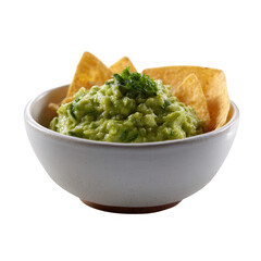 Delicious guacamole served in a white bowl with tortilla chips, perfect for snacking or as a dip for gatherings.