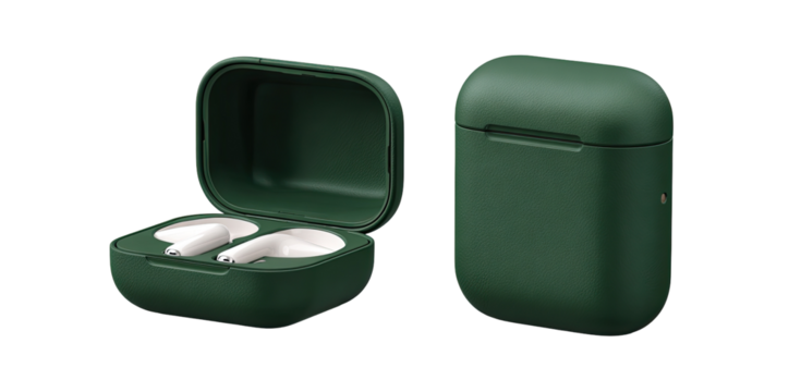 Green wireless earbuds charging case, open and closed