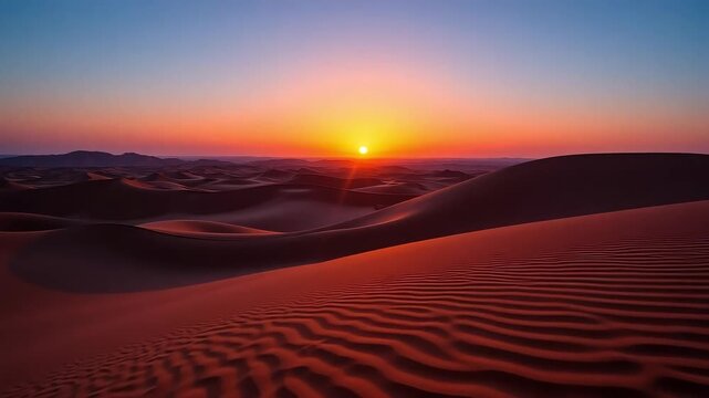 Golden sun dips below desert horizon casting warm light on rolling sand dunes at sunset