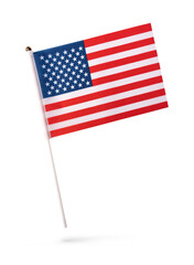 Small mini USA American flag with real rough fabric details and pole stick for hand held isolated on transparent background or png file.
