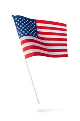 Small mini USA American flag with real rough fabric details and pole stick for hand held isolated on transparent background or png file.