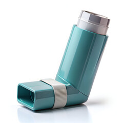 Teal asthma inhaler isolated on white background
