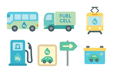 Hydrogen Vehicles Icons. Flat vector mini-illustrations Hydrogen-powered vehicles in colors children's