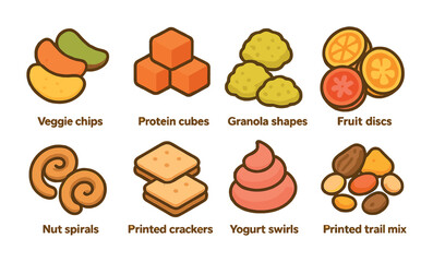 Fototapeta premium 3D Printed Snack Icons. Flat vector mini-illustrations 3D printed healthy snacks in colors children's