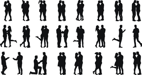 Silhouette couples in six-column grid displaying diverse interactions—hugging, kissing, hand-holding, kneeling—capturing intimacy, romance, connection, and relational dynamics across multiple poses