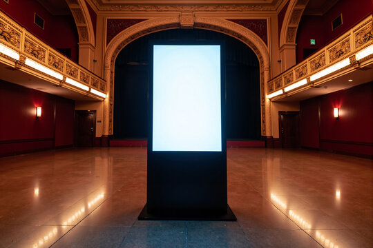 Blank vertical digital screen stands in elegant lobby of classic theater, offering advertising mockup for movie poster, event promotion or art exhibition