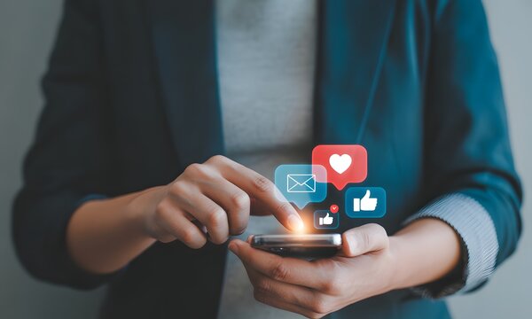 Digital Touch: A person engaging with a smartphone, their touch interacting with illuminated social media icons that symbolize a connected digital world.