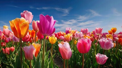 Bright tulips in full bloom fill the landscape beneath a serene blue sky, capturing the energy and renewal of a spring day.
