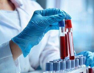 a laboratory technician places a blood sample into a rack of test tubes showcasing the process of medical testing and analysis