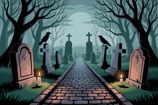 Eerie Graveyard Scene with Candlelit Path and Silhouetted Trees in a Spooky Halloween Night Illustration - Powered by Adobe