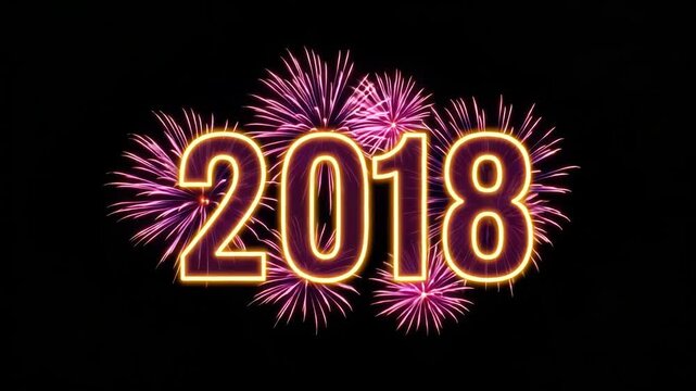 The year 2018 displayed with glowing neon numbers surrounded by colorful fireworks and sparkles on a dark background, symbolizing celebration