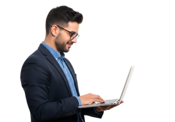 Young professional man working on his laptop in the office isolated on a transparent background