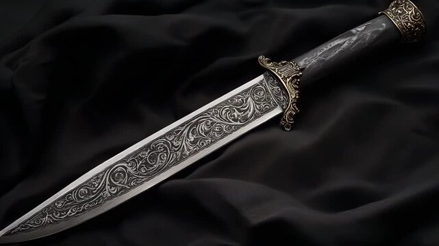 A beautifully crafted dagger features intricate engravings on the blade and a detailed handle, resting on a dark fabric surface