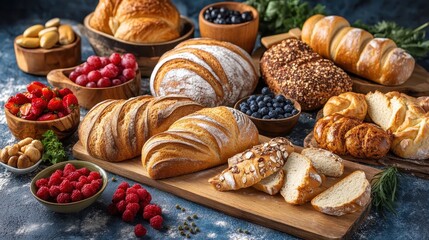 Freshly Baked Bread and Assorted Berries on Wooden Table