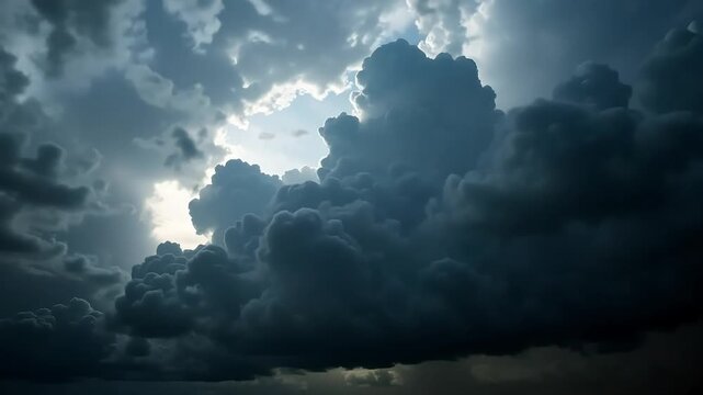 Dramatic storm clouds gather with a powerful burst of light breaking through the darkness