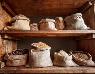 Obraz premium rustic grain sacks and spices displayed in wooden shelves for organic grocery or market food visuals concept