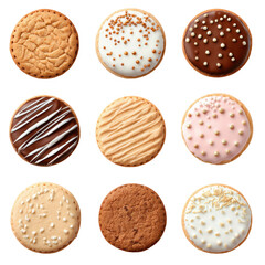 Variety of decorated cookies arranged in a grid pattern on a white background for an appetizing showcase