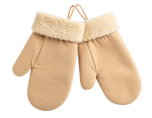 Two thick winter mittens made from beige fleece with soft sherpa lining, loosely hang