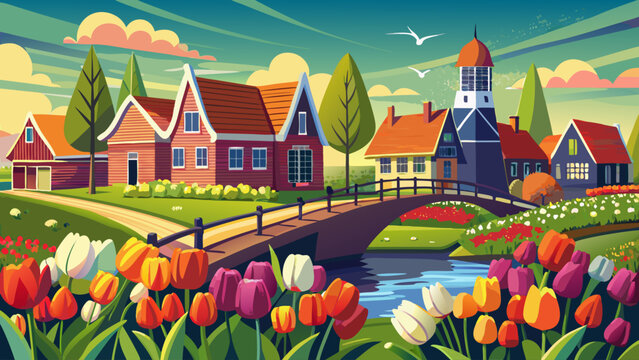 Netherlands, North Holland, Schagerbrug, Grote Sloot. Fields of tulips.