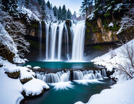 Winter waterfall cascading into a frozen pool - Powered by Adobe