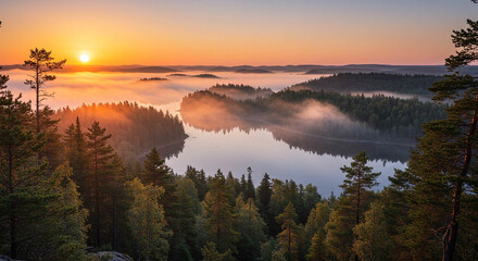 Fototapeta premium Serene Sunrise Over Finnish Lake District: Mist, Forest, and Golden Light