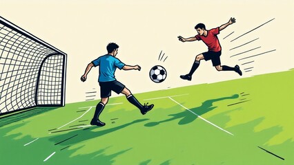 Dynamic illustration of soccer players competing for the ball on a green field