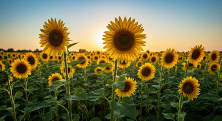 Obraz premium Sunflower Field at Sunset: Golden Flowers and Sky