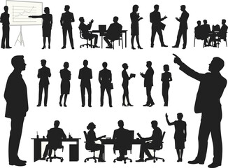 Silhouette of business people in office activities, presenting, discussing, working, teamwork, professional interaction, corporate environment, business concept