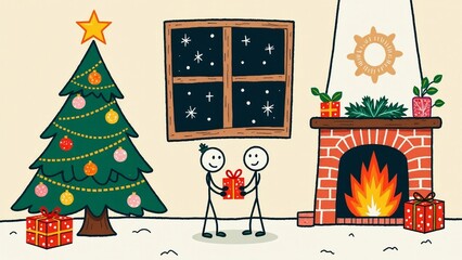 Naklejka premium People exchanging a gift in a festive, cozy indoor setting with a Christmas tree and fireplace.