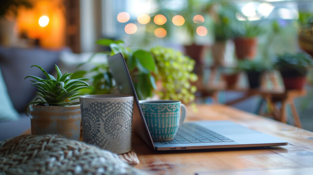 Cozy workspace: laptop, coffee, houseplants creating a serene atmosphere for productivity and relaxation.