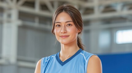 Young athlete poses confidently in gym wearing sports attire during practice session.