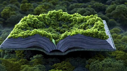 A mystical book transforming into a lush forest landscape