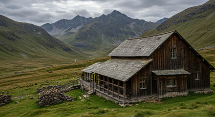 Wooden cabin in mountains, scenic landscape, cloudy sky.