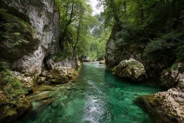 Naklejka premium Crystal Clear River Flowing Through a Canyon