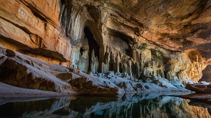 Majestic cave interior with shimmering water reflecting the colorful rock formations.