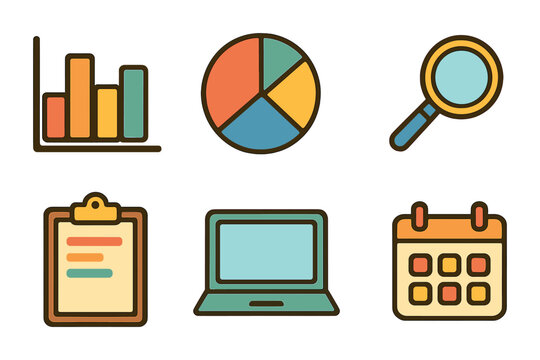 Colorful Data Visualization Icons. Flat vector mini-illustrations analytics weekly report in colors children's