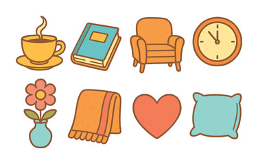 Caregiver Relaxation Icons. Flat vector mini-illustrations relaxation time for caregivers in colors children's