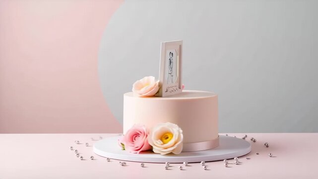 Wedding cake with frame of couple and pink roses on a white cake stand with silver beads
